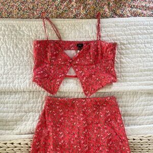 Red paisley print skirt set